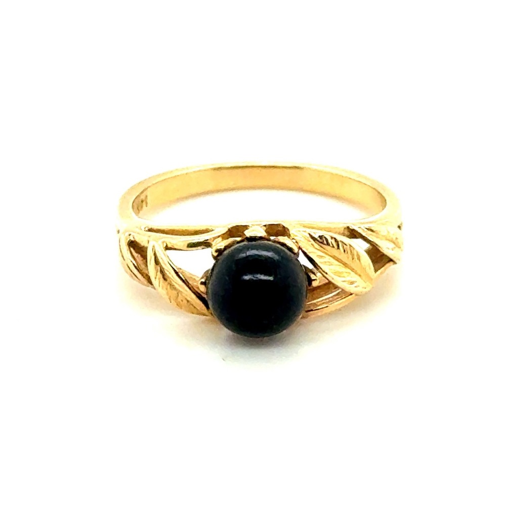 Vintage 14K Yellow Gold Black Pearl Leaf Ring Size 6.5 Fine Jewelry